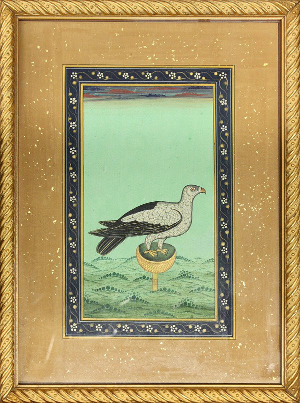 East Indian Mughal-Style Miniature Painting: Framed East Indian Mughal-style miniature painting, gouache on paper, portraying a bird of prey on a perch in an abreviated landscape below a cloudy sky, image: 6.75''h x 3.75''w; overall: 12''h x 8.7