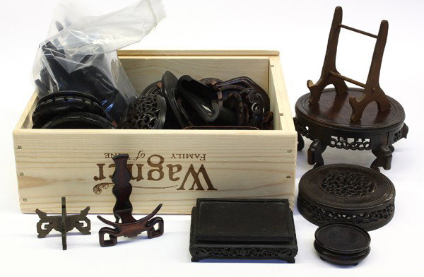 Chinese Wooden Display Stands: (Lot of 58) Selection of Chinese display stands, including various sizes of plate stands, circular bases, plinths and pierced lids
