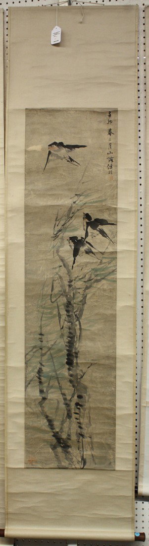 Chinese Scroll, Ren Yi (after), Birds: Chinese hanging scroll, ink and color on paper, Swallows and Trees, after Ren Yi (Chinese, 1840-1896), the right with cyclical date 'xinmao' third month, bearing signature 'Ren Yi' and two seals, sigh