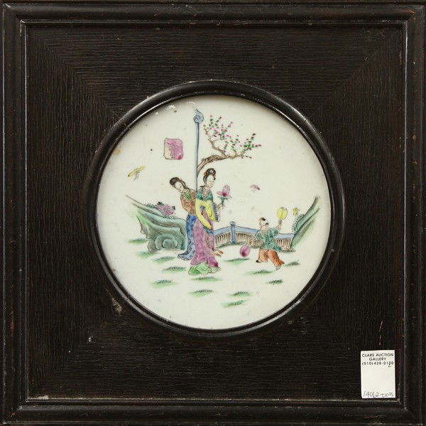 Two Chinese Porcelain Plaques With Beauties: (Lot of 2) Chinese polychrome enameled circular porcelain plaques, each a mirror image of a beauty holding a lotus sprig and accompanying a child at play on a garden terrace along with a female attend