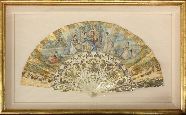Victorian fan in frame: Framed Victorian fan, depicting a classical scene with gilt accents and housed in a lined shadow box frame