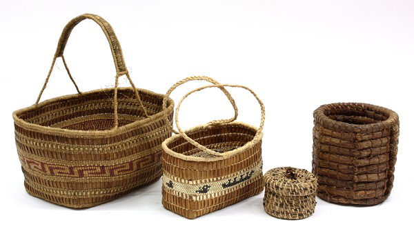 Native American basket group: (lot of 4) Native American Nootka Makan carrying basket having a polychrome decorated frieze, together with 3 pine needle baskets, largest 13''h x 10''w