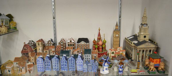 Architectural scale models: One shelf of associated architectural scale models, including decorative ceramic, models include Dickens Village Series, St. Martin-in-the-Fields church, Big Ben, St Basils Cathedral, Moscow; Dutch ho