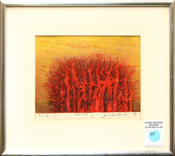 Woodcut, Joichi Hoshi, Red Tree: Framed woodcut with gold leaf, ''Red Tree,'' 1971, by Joichi Hoshi (Japanese, 1911-1979), pencil signed, dated, titled, and inscribed artist proof edition within lower margin, Gallery Kabutoya informa