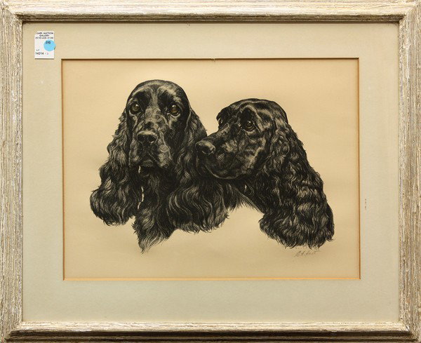 Lithograph, Ernest Hart, Spaniels: Framed lithograph, Spaniels, by Ernest H. Hart (American, b. 1910), pencil signed ''E.H. Hart'' lower right, overall: 22.5''h x 27.5''w