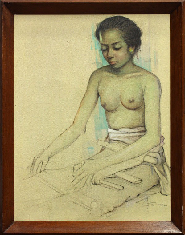 Painting, Polynesian Girl Weaving: Framed oil on canvas, Polynesian Girl Weaving, 20th century, signed ''S. Bono'' lower right, overall: 25.5''h x 22''w
