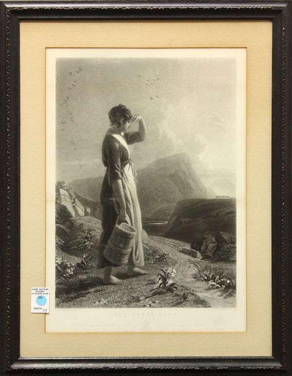 Engraving, Samuel Cousins, after Cristall: Framed engraving, ''The Early Dawn,'' by Samuel Cousins (British, 1801-1887), after a painting by Joshua Cristall, publication line within lower margin, overall: 30''h x 20.5''w