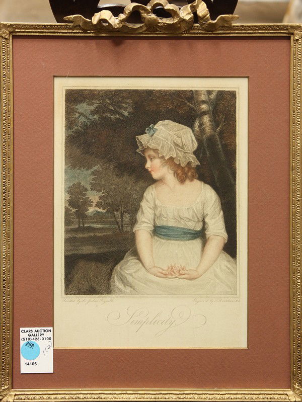 Engravings, after Francesco Bartolozzi: (Lot of 2) Framed hand colored engraving, ''Simplicity,'' after Francesco Bartolozzi, late 19th century impression, and ''Lady Boringdon and Son,'' by S.W. Reynolds, both after Sir Joshua Reynolds, pu