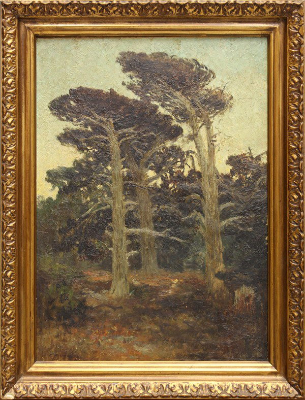 Painting, Landscape with Trees, 19th c.: Framed oil on board, Landscape with Trees, Continental School (19th century), signed indistinctly ''Cantde(?)'' lower left, board: 23''h x 16''w, overall: 27.5''h x 21.25''w