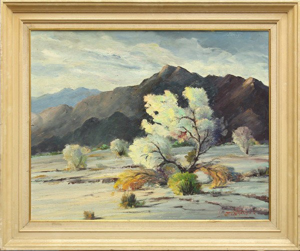 Painting, J. Marvin Ostrander: Framed oil on board, Desert Landscape, by J. Marvin Ostrander (Californian, 1891-1965), signed ''JM Ostrander'' lower right, overall: 30.75''h x 36.75''w