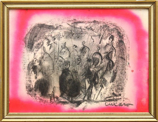 Paintings by Pascal Cucaro: (Lot of 2) Framed oils on board, Abstract in Pink & Portrait of a Woman in Purple, by Pascal Cucaro (Californian, 1915-2004), both signed ''Cucaro'' lower right/left, largest overall: 13.75''h x 17.75