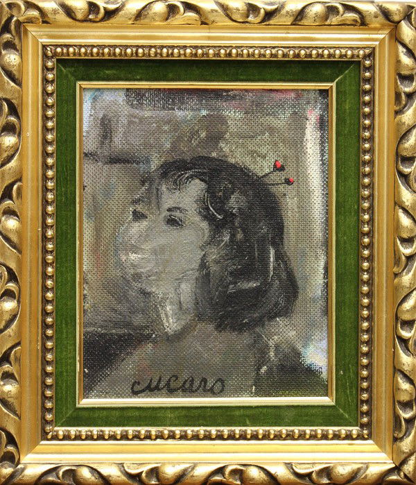 Paintings by Pascal Cucaro: (Lot of 2) Framed oils on board and canvas, Woman in Grey & Woman in a Red Hat, by Pascal Cucaro (Californian, 1915-2004), both signed ''Cucaro'' lower right/left, largest overall: 13.5''h x 15.5''w