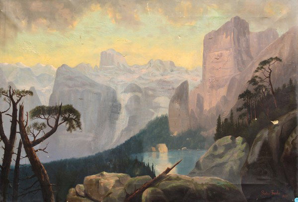 Painting, Sadie Jacobs, Yosemite, 1890: Unframed oil on canvas, Yosemite, 1890, California School (19th century), signed and dated ''Sadie Jacobs 1890'' lower right, overall: 30''h x 44''w