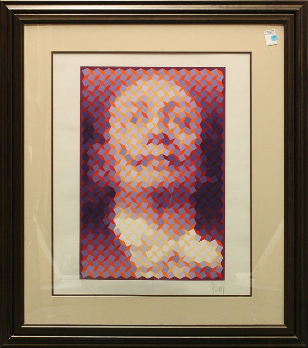 Silkscreen, Yvaral, Face of Dali: Framed silkscreen, ''Face of Dali (purple),'' by Yvaral (Jean-Pierre Vasarely) (French, 1934-2002), pencil signed lower right, pencil numbered edition of 200 lower left, overall: 41''h x 36''w