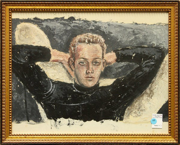 Painting, Portrait of a Young Man: Framed acrylic on board, Portrait of a Man in a Black Sweater, 20th century, unsigned, overall: 18''h x 22.5''w