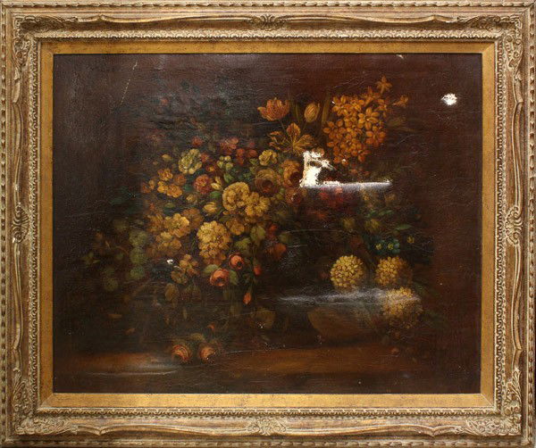 Painting, still Life, Dutch School 19th c.: Framed oil on canvas, Still Life with Flowers, Dutch School, 19th century, unsigned, overall: 42''h x 49.5''w
