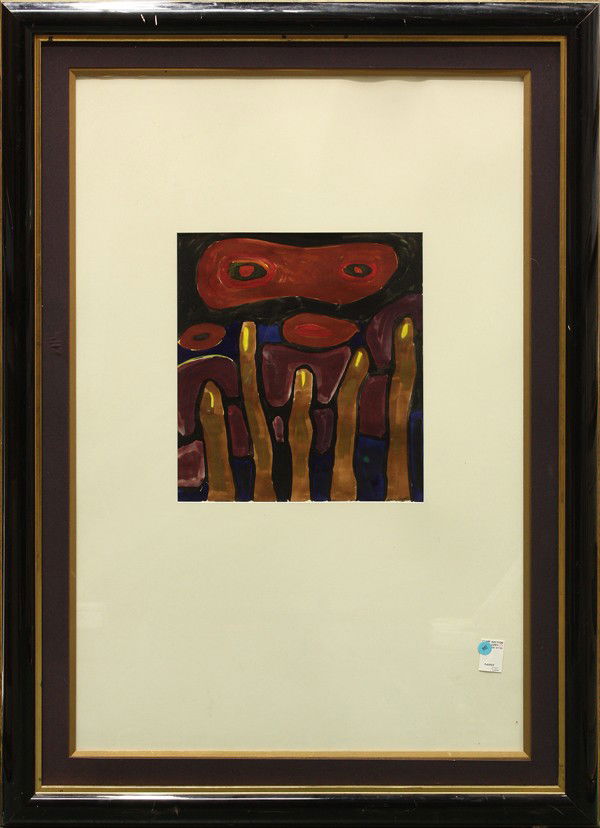 Painting, James Coughlin: Framed tempera on paper, Abstract Mask, by James Coughlin (Californian, 1926-1979), signed lower right, overall: 46''h x 33.25''w