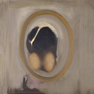 Painting, William Scharf: William Scharf (American, b. 1927), "The To Sally Mirror," 1959, oil on canvas, signed, dated and titled/inscribed verso, canvas: 15"h x 15"w, overall (with frame): 15.75"h x 15.75"w