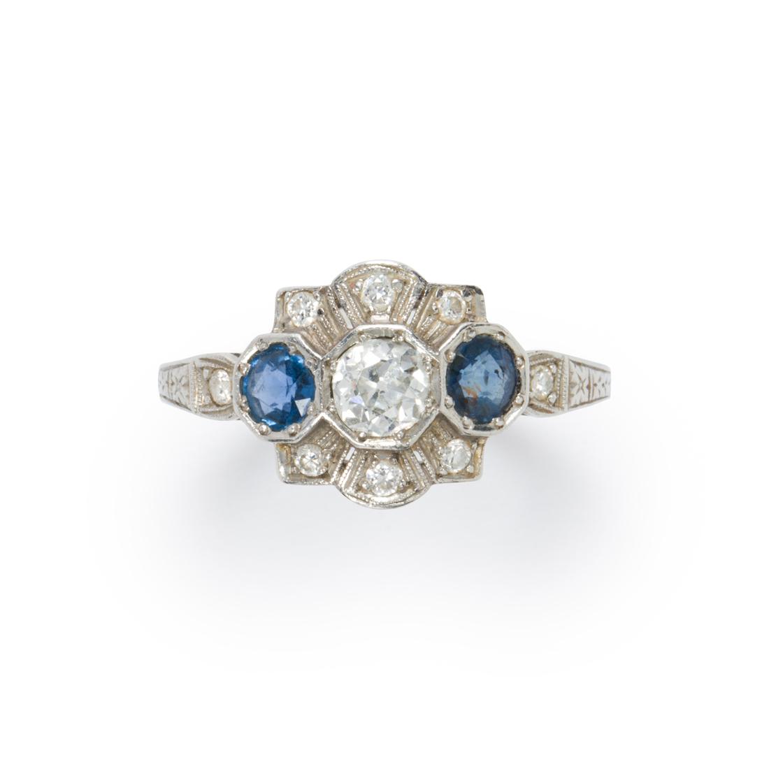 An Art Deco diamond, sapphire and platinum ring (1 of 2)