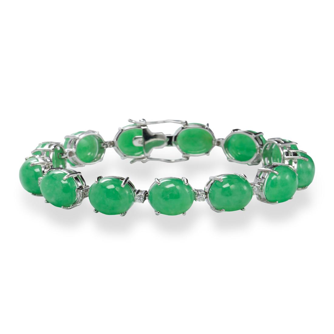 A jadeite "A" jade, diamond and eighteen karat white gold bracelet (1 of 3)