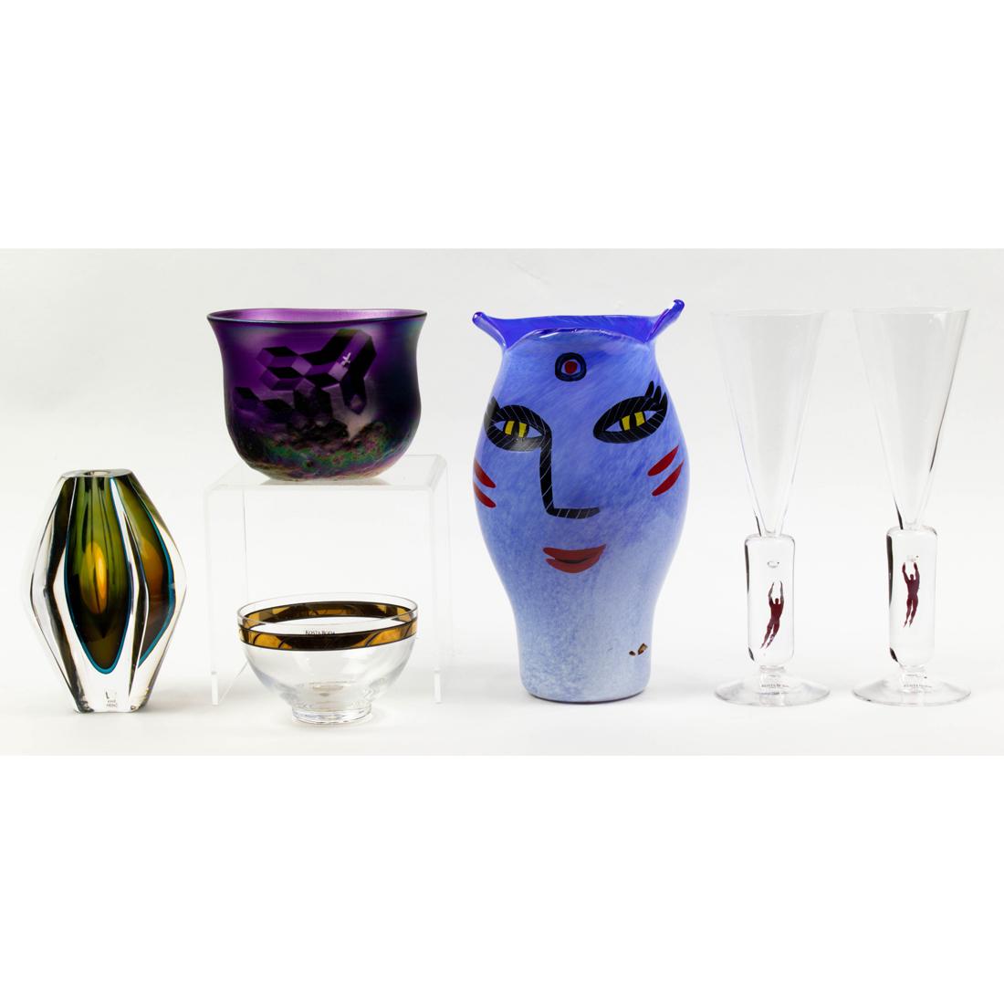 (Lot of 6) Group of Kosta Boda studio glass: (Lot of 6) Kosta Boda studio glass, comprising sommerso art glass vase by Mona Morales-Schildt from the Ventana series, engraved signature, 6.5"h; Bertil Vallien iridescent glass vase with landscape,