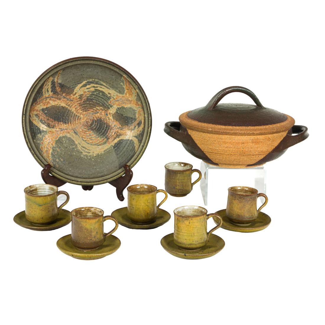 (Lot of 13) Laura Anderson Pottery collection: (Lot of 13) Laura Anderson Pottery collection, consisting of a covered casserole, and a charger, together with six cups and five saucers, largest: 9"h, Provenance: Purchased in Carmel