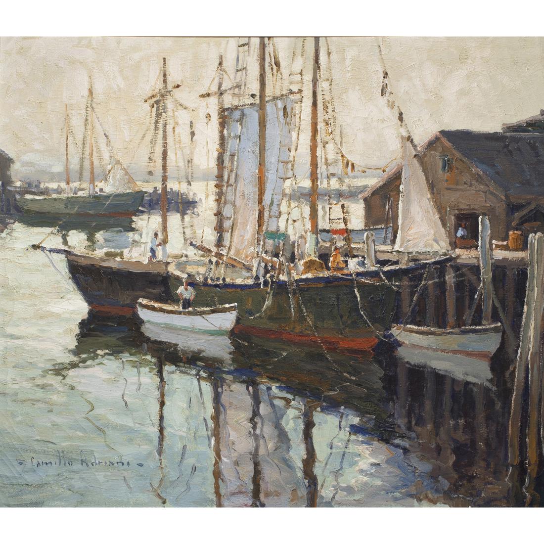 Painting, Camillo Adriani: Camillo Adriani (American, 1908-1990), Thought to Be Gloucester Harbour, oil on canvas, signed lower left, sight: 27.5"h x 32"w, overall (with frame): 34.5"h x 38.75"w