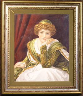 Porcelain Plaque by Tipping: British Pre-Raphaelite ceramic plaque with enamel painting, ''Young Woman'', signed and dated on verso H.E.L. Tipping, Nov. 1891, in overglaze gilt, plaque size 13''W x 16''H