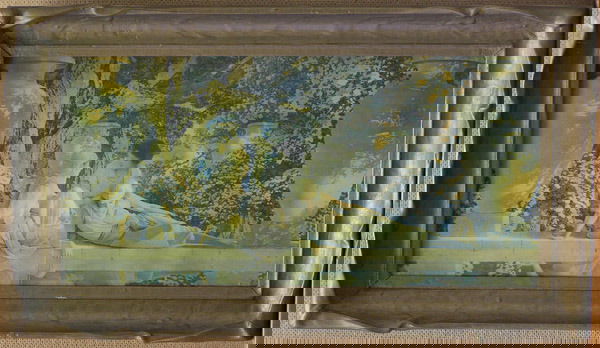 Vintage Maxfield Parrish Prints: Framed vintage Maxfield Parrish print, ''Garden of Allah'' (1918), image: 8''H x 16''W, frame: 10.5''H x 18.5''W. Condition: Trimmed