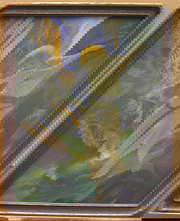 Vintage Maxfield Parrish Print: Framed vintage Maxfield Parrish print, ''The Canyon'' (1924), Reinthal & Newman, NY copyright lower left, image: 15''H x 12''W, frame: 17''H x 13''W