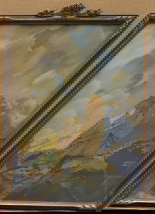 Vintage Maxfield Parrish Prints: (lot of 2) Framed vintage Maxfield Parrish prints: ''The Canyon'' (1924), Reinthal & Newman, NY copyright lower left, image: 15''H x 12''W, frame: 16''H x 16''W; ''Morning'' (1922), Reinthal & Newman,