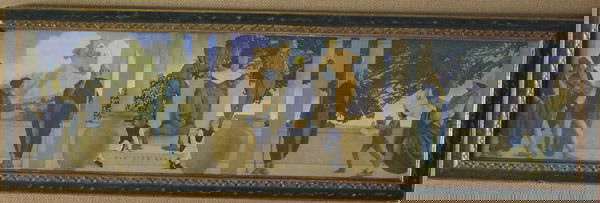 Vintage Maxfield Parish Print: Framed vintage Maxfield Parrish print, ''Old King Cole [St. Regis]'' (1906), image: 6.25''H x 23''W, frame: 8.5''H x 27''W. Condition: Cut into three sections