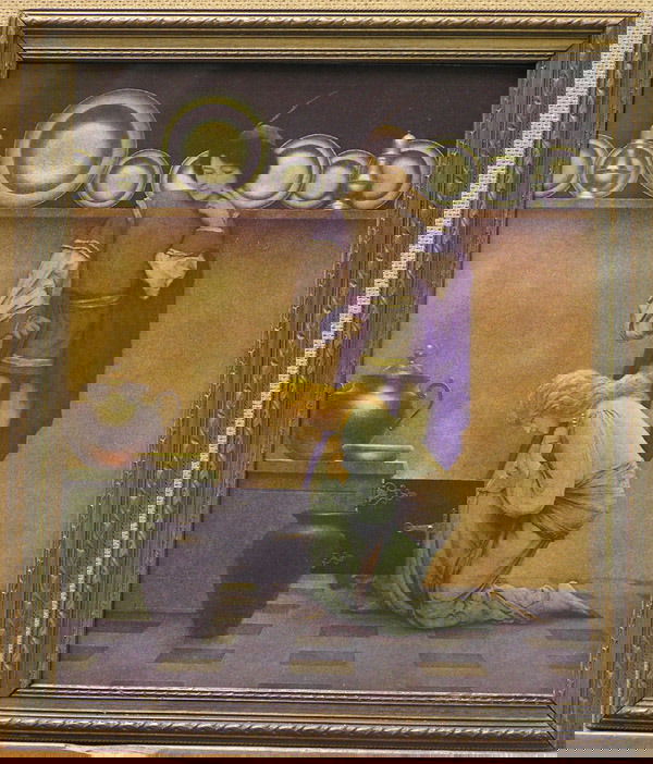 Vintage Maxfield Parrish Print: Framed vintage Maxfield Parrish print, Lady Violetta and the Knave (1925), image: 12''H x 10.25''W, frame: 13.5''H x 11.5''W