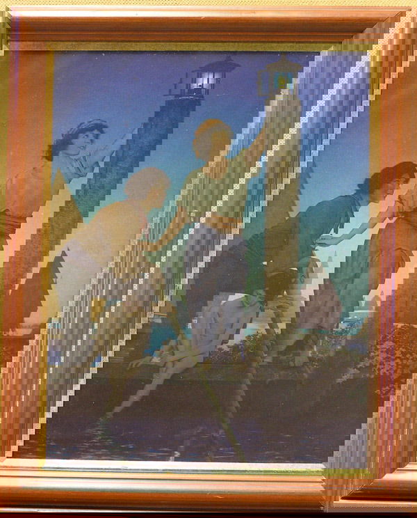 Vintage Maxfield Parrish Print: Framed vintage Maxfield Parrish print, ''Venetian Lamplighter'' (1924), image: 18.75''H x 14.5''W, frame: 22''H x 18''W. Condition: Cropped