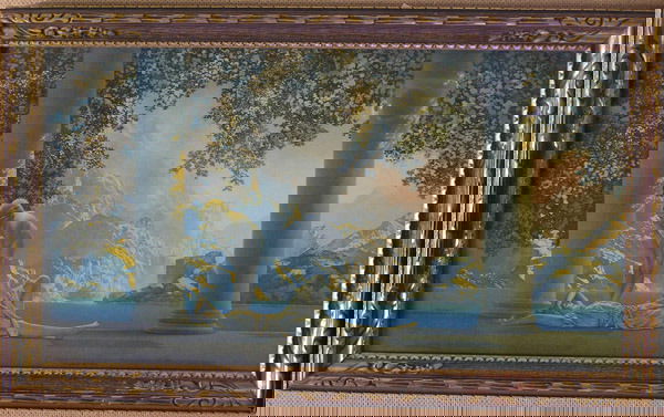 Vintage Maxfield Parrish Print: Framed vintage Maxfield Parrish print, ''Daybreak'' (1923), The House of Art, NY copyright lower left, image: 10''H x 18''W, frame: 12''H x 20''W