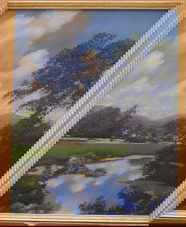 Vintage Maxfield Parrish Print: Framed vintage Maxfield Parrish print, ''A Perfect Day [June Skies]'' (1943), Brown & Bigelow copyright lower left, image: 21.5''H x 17''W, frame: 22.5''H x 18''W