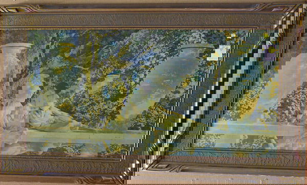 Vintage Maxfield Parrish Print: Framed vintage Maxfield Parrish print, ''Garden of Allah'' (1918), image: 15''H x 30''W, frame: 21''H x 36''W
