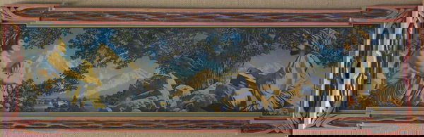 Vintage Maxfield Parrish Print: Framed vintage Maxfield Parrish print, Rubiayat (1917), image: 7''H x 28.5''W, frame: 10''H x 32''W