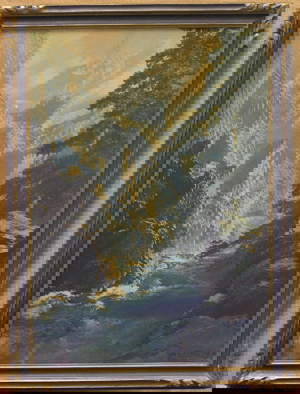 Vintage Maxfield Parrish Print: Framed vintage Maxfield Parrish print, ''Spirit of Transportation'' (1923), image: 20''H x 14''W, frame: 22.5''H x 16.5''W. Condition: Two tears