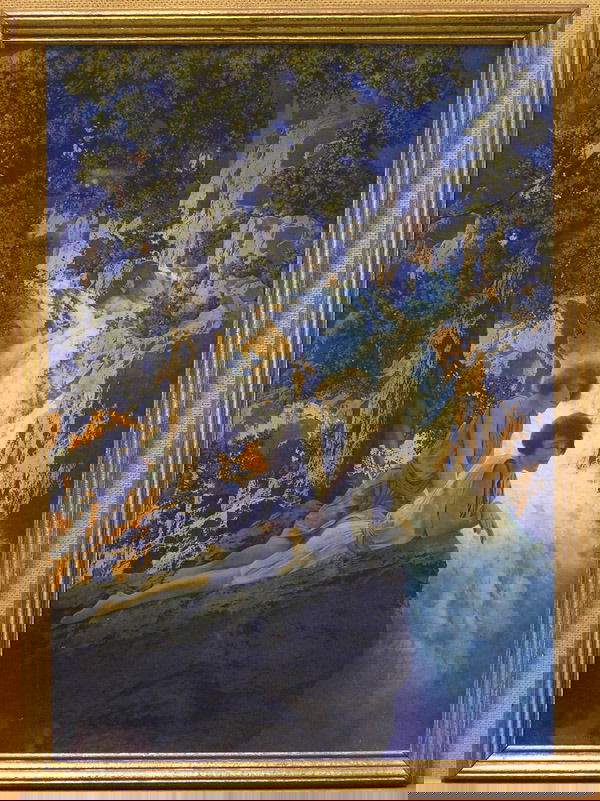 Vintage Maxfield Parrish Print: Framed vintage Maxfield Parrish print, ''Waterfall'' (1930), image: 20.5''H x 14.5''W, frame: 22''H x 16''W