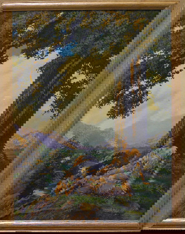 Vintage Maxfield Parrish Print: Framed vintage Maxfield Parrish print, ''Hilltop'' (1927), House of Art copyright lower right, image: 24''H x 18''W, frame: 26''H x 20''W