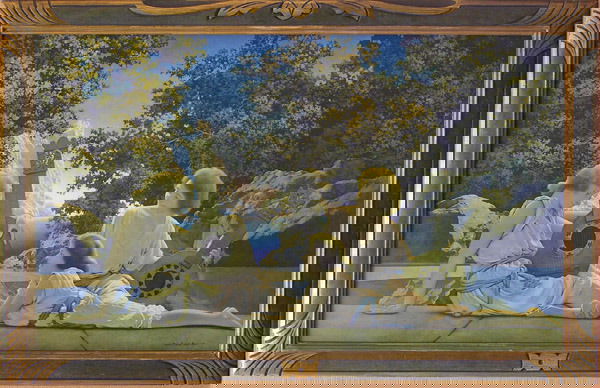 Vintage Maxfield Parrish Print: Framed vintage Maxfield Parrish print, ''The Lute Players'' (1924), The House of Art, NY copyright lower left, image: 18''H x 30''W, frame: 22''H x 34''W