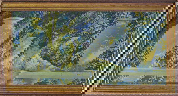 Vintage Maxfield Parrish Print: Framed vintage Maxfield Parrish print, ''The Garden of Allah'' (1918), image: 15''H x 30''W, frame: 18''H x 33''W