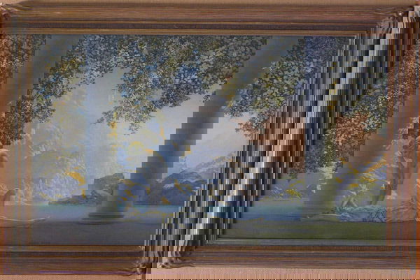 Vintage Maxfield Parrish Print: Framed vintage Maxfield Parrish print, ''Daybreak'' (1923), image: 18''H x 30''W, frame: 23''H x 34''w