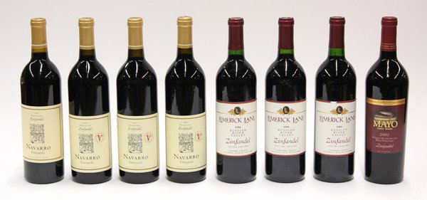 California Zinfandel group: (lot of 8) California Zinfandel group consisting of one bottle of 2001 Mayo Reserve Ricci Vineyard, three bottles of Limerick Lane 1996 Russian River Valley, one 2006, and three 1999 Navarro Vineyards