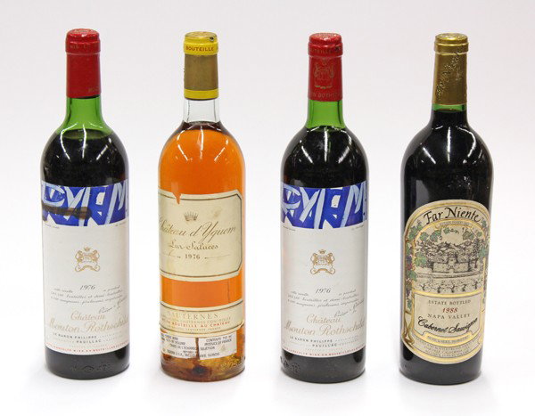 California and French wine group: (lot of 4) Bottles of California and French wine, consisting of 1988 Far Niente Cabernet, two bottles of 1976 Chateau Mouton Rothschiold, Pauillac, and one bottle of 1976 Chateau d'Yquem lur-Saluces, 