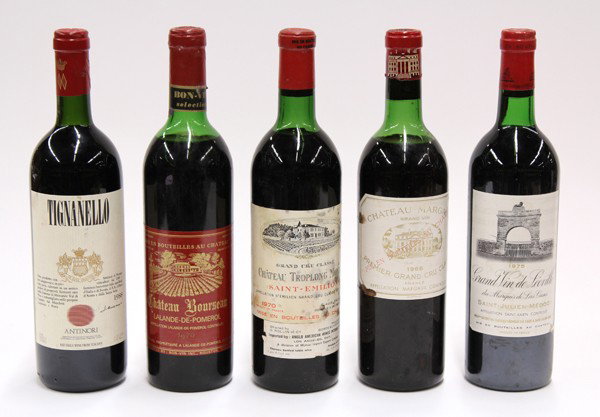 French and Italian wine group: (lot of 5) Bottles of French and Italian wine consisting of 1988 Tignanello Tuscan table wine, 1970 Chateau Bourseau Lalande-de-Pomerol, 1975 Grand vin de Leoville, St. Julien, 1970 Chateau Troplong S