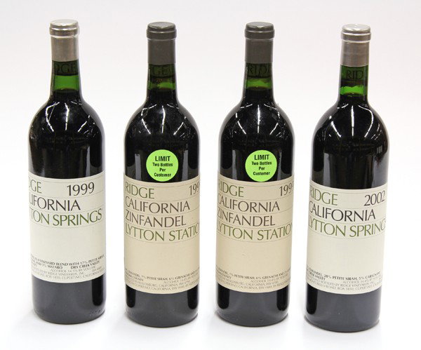 Ridge wine group: (lot of 4) Ridge wine consisting of two 1999 Lytton Station, one 1999 Lytton Springs, and one 2002 Lytton Springs, each 750ml