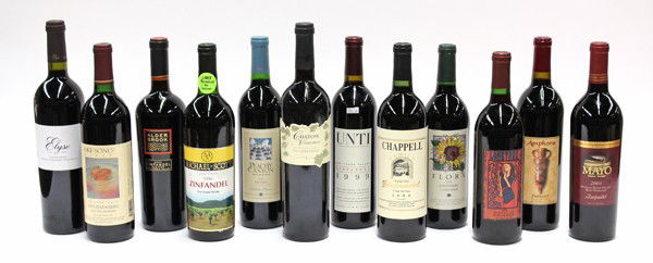 California Zinfandel group: (lot of 12) California Zinfandel consisting of 2003 Alder Brook Old Vine, Dry Creek Valley, 2000 Elyse Winery Morisoli Vineyard, 1993 Flora Sonoma County, 1996 Michael Scott Old Vines, Dry Creek Valle