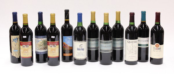 California zinfandel group: (lot of 12 bottles) California Zinfandel consisting of three 1994 Bannister Dry Creek Valley, two 1998 Peterson Bradford Mountain Vineyard, 1994 Belvedere Dry Creek Valley, 1992 Richardson Nora's Vine